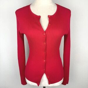 Y2K August Silk Knit Red Ribbed Silk Blend Button Front Cardigan Sweater Women M